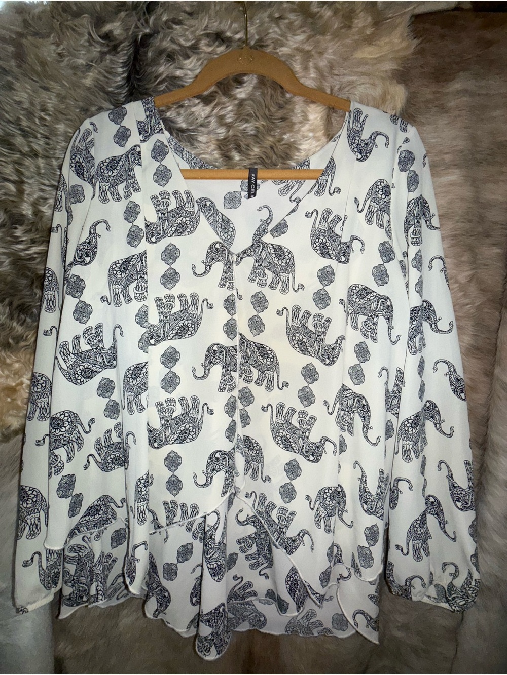 Kay Celine Darcy Elephant Print Blouse Size M Black White Layered Boho Top
